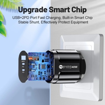 Зарядное устройство USB C, 40 Вт, 3 порта, быстрая зарядка, зарядное устройство для мобильного телефона PD Type C Adap