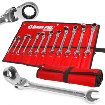 KLUCZE 8-19MM PŁASKO OCZKOWE Z GRZECHOTKĄ ŁAMANE ZESTAW KLUCZY 12 SZTUK