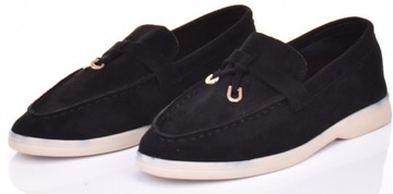 MODNE PÓŁBUTY DAMSKIE MOKASYNY ZAMSZOWE CZARNE