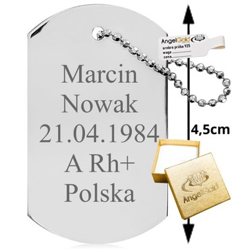 NIEŚMIERTELNIK WOJSKOWY DOG TAG SREBRO 925 GRAWER