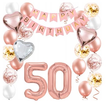 Zestaw balonów Różowe złoto Rose gold cyfry 50 Urodziny Balony Hel Baner