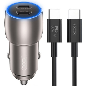 Автомобильное зарядное устройство XO CC51 QC 40 Вт 2xUSB-C СЕРЫЙ + кабель USB-C/USB-C