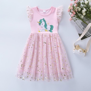 dziecięca Sukienki Łączenie siatki Cekiny jednorożec Prints Casual B468-11