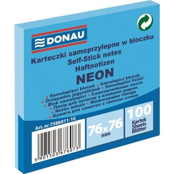 Bloczek samoprzylepny 76x76mm DONAU neon niebieski