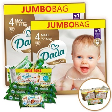 2x DADA Pieluszki Extra Care 4 164szt + CHUSTECZKI MEGA PAKA 7x72szt 504szt