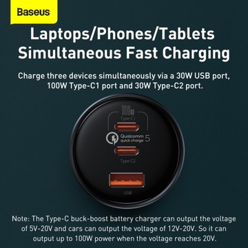 Автомобильное зарядное устройство Baseus — USB + 2xType C — QC5 PD 160 Вт с кабелем Type C