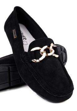 CZARNE MOKASYNY DAMSKIE ZAMSZOWE PÓŁBUTY WSUWANE WKŁ. EKOSKÓRA ELEGANCKIE