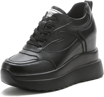Sneakersy na koturnie dla kobiet, wysoka platforma, masywna skóra,, czarny