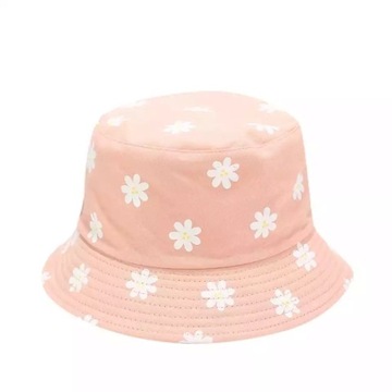 Czapka bucket hat kapelusz rybacki dwustronny w stokrotki kwiatuszki różowy