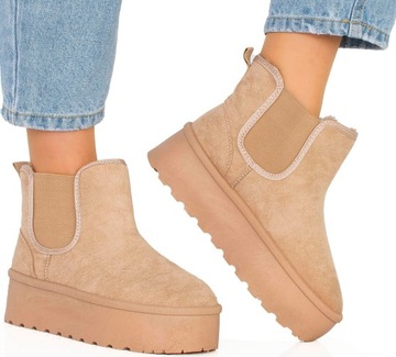 ŚNIEGOWCE BEŻOWE OCIEPLANE KHAKI BOTKI NA PLATFORMIE WSUWANE 39