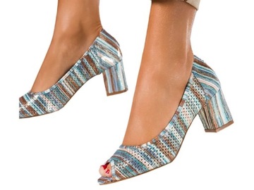 CZÓŁENKA AŻUROWE DAMSKIE PEEP TOE NA OZDOBNYM OBCASIE SŁUPKU LEKKIE r 40