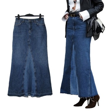 ZARA Piękna Długa Niebieska Jeansowa Spódnica Wstawki LUX S