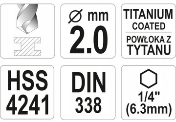 YATO - СВЕРЛО ПО МЕТАЛЛУ HSS-TIN СВЕРЛО 2,0 ММ С ШЕСТИГРАННОЙ РУЧКОЙ