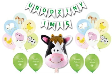 Zestaw Balony Farma Krowa Wieś Urodziny + Imię