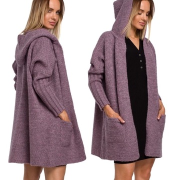 KOBIECY SWETER KARDIGAN SWETEREK OVERSIZE CIEPŁY DŁUGI FIOLETOWY 40/42 L/XL