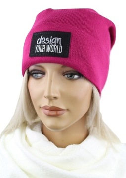 MODNA CZAPKA DAMSKA BEANIE Z NASZYWKĄ I POLAREM