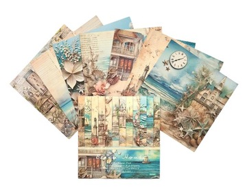 SCRAPBOOKING ZESTAW ARKUSZY PAPIERU 24 SZT WAKACJE MORZE MUSZELKI