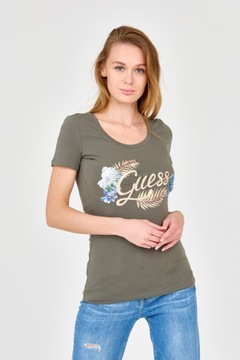 GUESS Damski zielony t-shirt ze zdobionym logo L