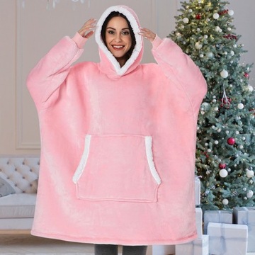 CIEPŁA BLUZA KOC OVERSIZE KOCBLUZA 2W1 GRUBA XXL RÓŻOWA FUTRZAK KOCOBLUZA