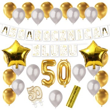ZESTAW BALONY 50 ROCZNICA ŚLUBU ZŁOTE GODY ZŁOTY PERŁOWY 100 cm
