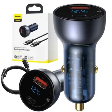 BASEUS MOCNA ŁADOWARKA SAMOCHODOWA ZASILACZ USB-A USB-C 65W Z KABELEM USB-C