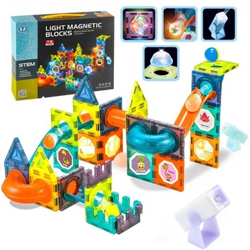 KLOCKI MAGNETYCZNE KONSTRUKCYJNE EDUKACYJNE UKŁADANKA ŚWIECĄCY TOR 75EL.