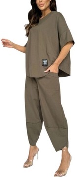 WŁOSKI ELEGANCKI KOMPLET BAWEŁNIANY BLUZKA SPODNIE DRESOWY OVERSIZE 2XL