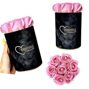 FLOWERBOX Z KWIATAMI MYDLANYMI PREZENT KWIATY RÓŻE MYDLANE WELUROWE PUDEŁKO
