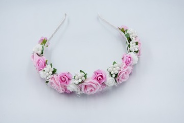 OPASKA różówa wianek komunijny kwiaty różowe na głowę na komunije wesele