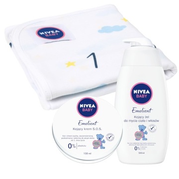 NIVEA BABY Krem kojący dla dziecka 150ml + Żel do mycia 500ml + kocyk