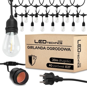 GIRLANDA ŚWIETLNA OGRODOWA ZEWNĘTRZNA 20m ŻARÓWKI 40x E27 LED LAMPKI