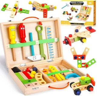 WALIZKA Z NARZĘDZIAMI DLA DZIECI MAJSTERKOWANIE DREWNIANY ZESTAW 35 ELEM.