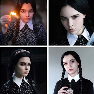 WEDNESDAY ADDAMS WIG ЧЕРНЫЙ БРИТАНСКИЙ ДЛИННЫЙ ПАРИК С ДВОЙНОЙ МОСТИКОЙ