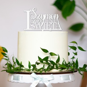 TOPPER NA TORT I KOMUNIA ŚWIĘTA NAPIS imię biały