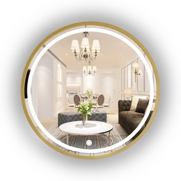 LUSTRO PODŚWIETLANE OKRĄGŁE W ZŁOTEJ RAMIE 60 CM + WŁĄCZNIK LED