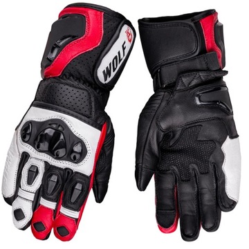 WOLF SKÓRZANE RĘKAWICE MOTOCYKLOWE Z DŁUGIM MANKIETEM RAIDEN BLK WHT RED S