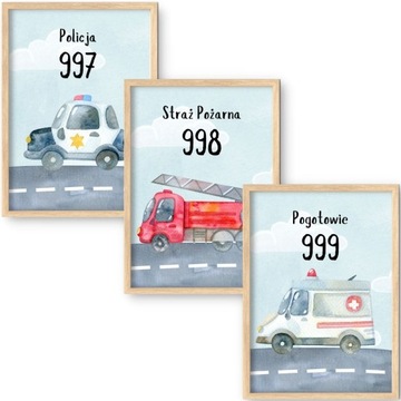 ZESTAW 3 PLAKATÓW 21x30 A4 PLAKAT NUMERY ALARMOWE POLICJA STRAŻ AUTA AUTKA