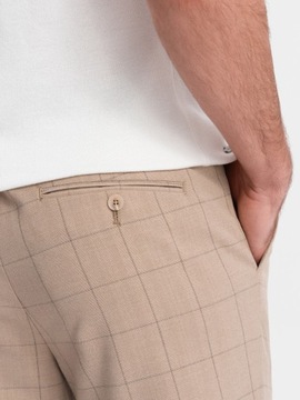 Męskie spodnie o klasycznym kroju w kratę piaskowe V2 OM-PACP-0187 XXL