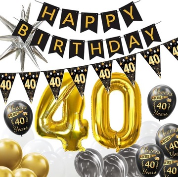 Zestaw Dekoracji na 40 Urodziny Balony Banery Czarno-złote
