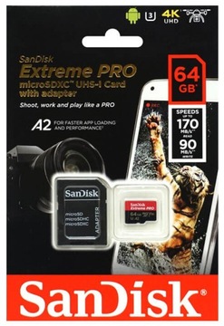 Карта SanDisk micro SD 64 ГБ EXTREME PRO 200 МБ/с 4K SDXC U3 С АДАПТЕРОМ