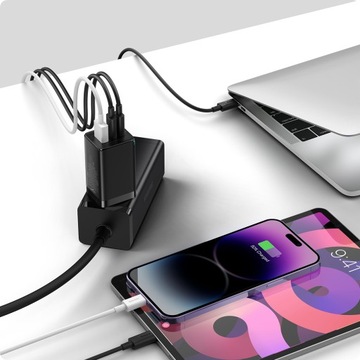 БЫСТРОЕ СЕТЕВОЕ ЗАРЯДНОЕ УСТРОЙСТВО BASEUS, 3 порта USB USB-C, 65 Вт, PD QC 4.0 + КАБЕЛЬ