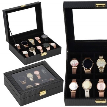 ORGANIZER SZKATUŁKA NA ZEGARKI 10x BIŻUTERIĘ PUDEŁKO ETUI ELEGANCKIE CARBON