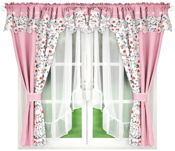 KOMPLET DEKORACYJNY ZASŁONY RÓŻOWE KWIATY LAMBREKIN + FIRANKA WOAL 400x150