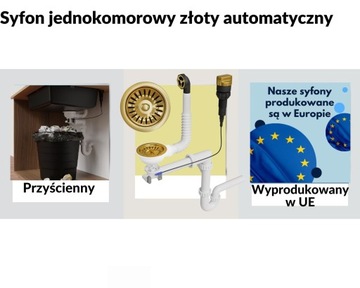 Сифон для одночашной мойки, автоматический, с ситом золотого цвета.