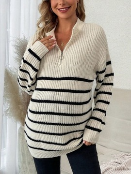 SWETEREK CIĄŻOWY Z ROZPINANYM DEKOLTEM W PASKI BEŻOWY CASUAL SHEIN M 38
