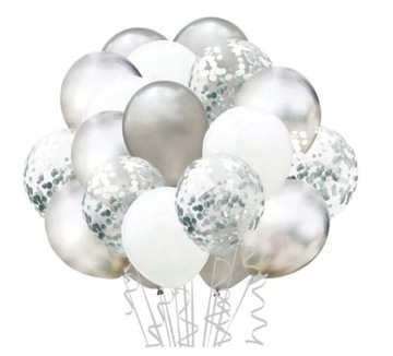 Zestaw balony z konfetti srebrne shiny 20 szt białe wesele ślub urodziny