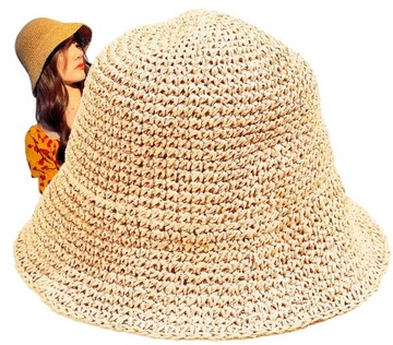 Słomkowy Kapelusz beżowy damski LETNI Eko bucket hat Lato beż PLAŻOWY Hat
