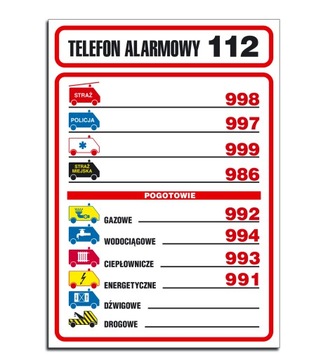 Tabliczka PCV Telefony Alarmowe A5 21 x 14,8 cm
