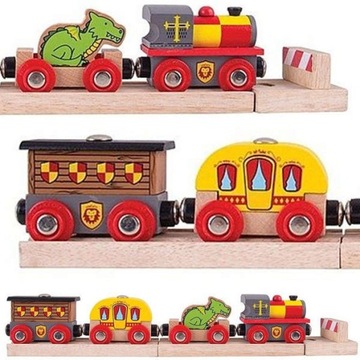 Drewniany pociąg Średniowiecze Smok Zamek Bigjigs Toys 3 lata +