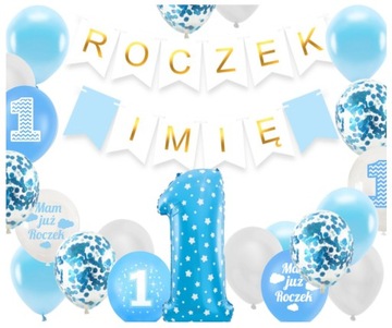 Dekoracje ROCZEK + IMIĘ niebieskie zestaw balony